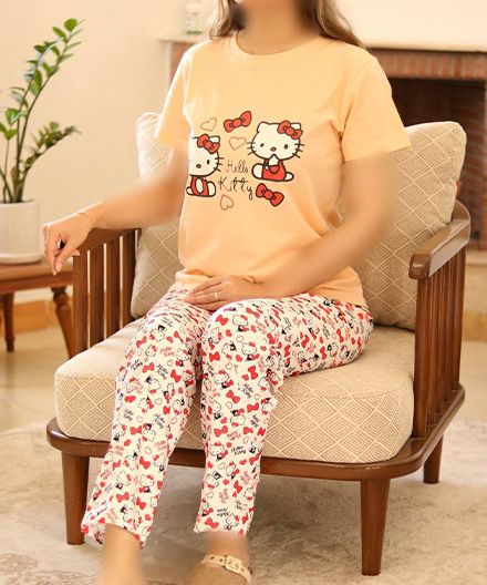 ست تیشرت شلوار خانگی زنانه نخی طرح عروسکی